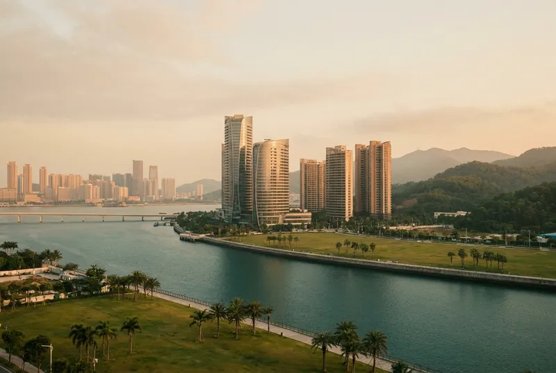 Torres modernas de vidro à beira de um canal, com a silhueta de Macau na outra margem.