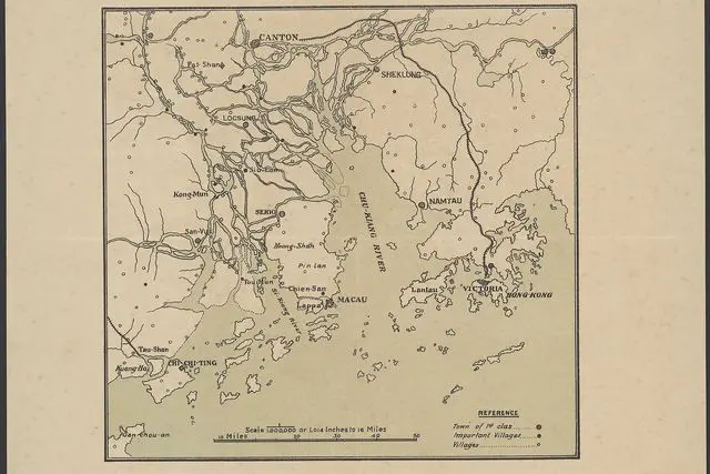 Portion of Kwangtung province, South China, showing Macau, Hong Kong, Canton and the estuaries of the Chu-Kiang and Si-Kiang Rivers.