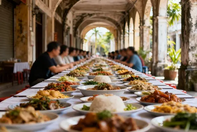 Doumen reúne 180 pessoas em banquete de mesa comprida com comidas da região