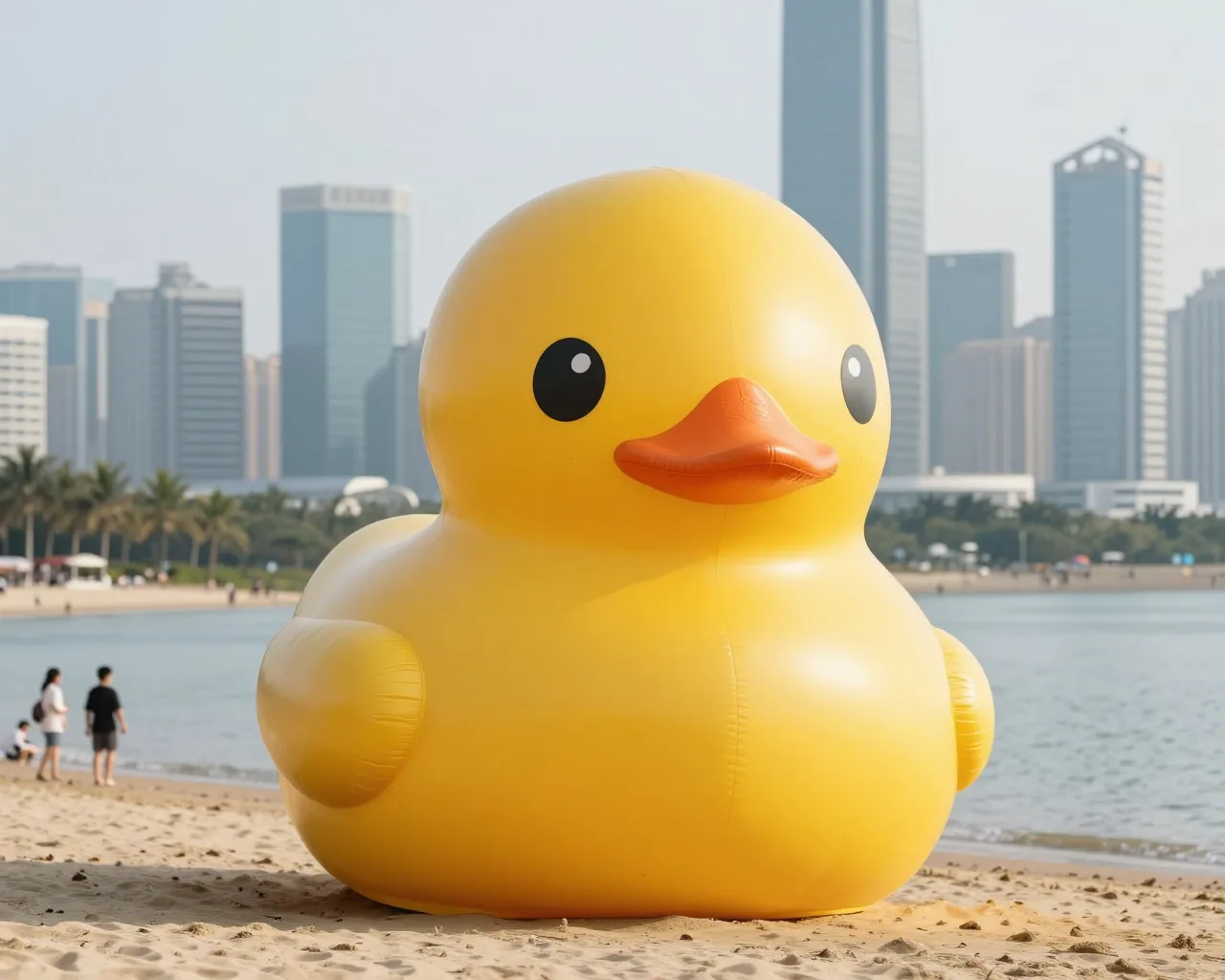 Gigante amarelo de B.Duck chega à praia de Tangjiawan em Zhuhai