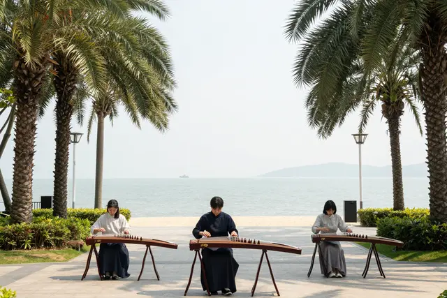 Música tradicional chinesa anima o Parque da Orla de Zhuhai durante o Ano Novo