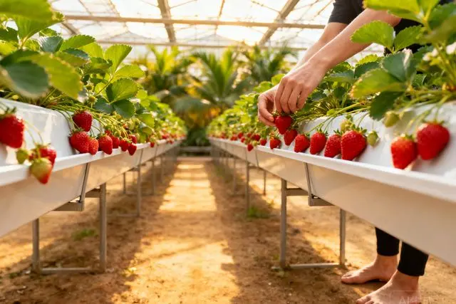 Parque em Zhuhai lança colheita de morango sem sujar os pés
