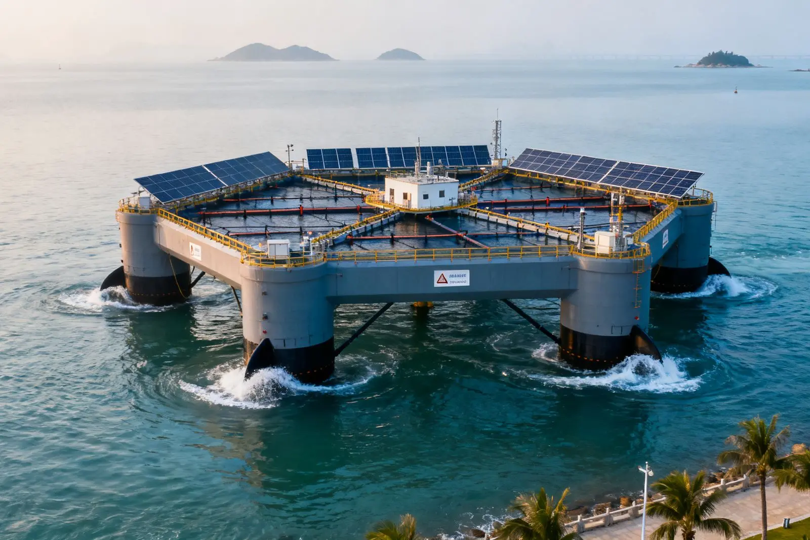 Plataforma flutuante em Zhuhai colhe peixes no mar profundo com tecnologia de ondas