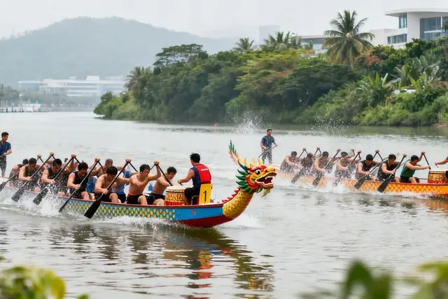 Regatas de dragão agitam o rio Huangyang com equipes de Macau e Hong Kong