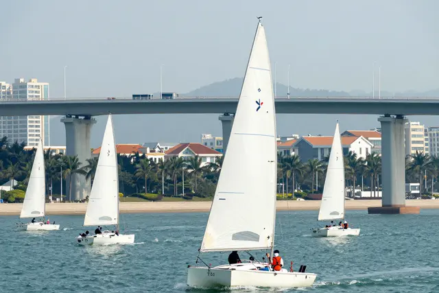 Sailors compete under the shadow of the HK-Zhuhai-Macau Bridge in Zhuhai