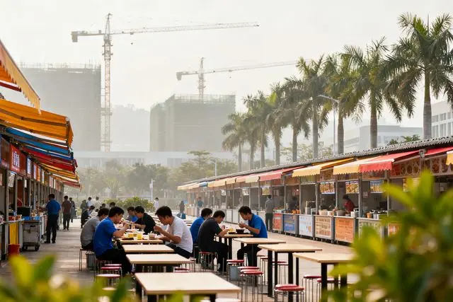 Trabalhadores ganham praça de alimentação organizada perto de canteiros em Zhuhai